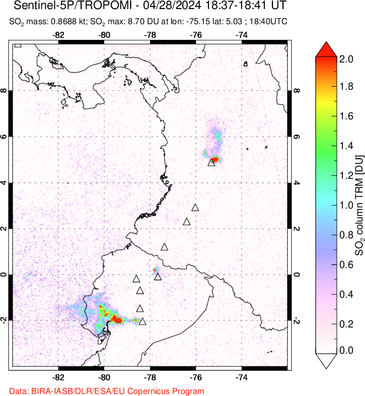 A sulfur dioxide image over Ecuador on Apr 28, 2024.