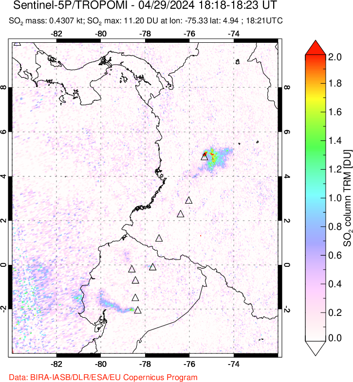 A sulfur dioxide image over Ecuador on Apr 29, 2024.