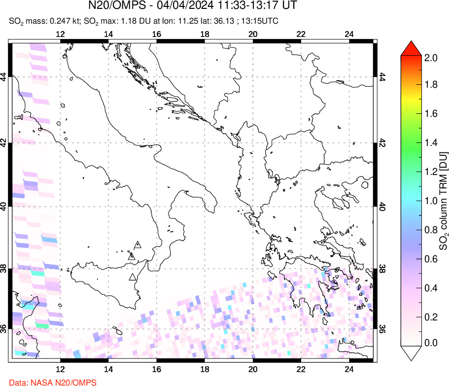 A sulfur dioxide image over Etna, Sicily, Italy on Apr 04, 2024.