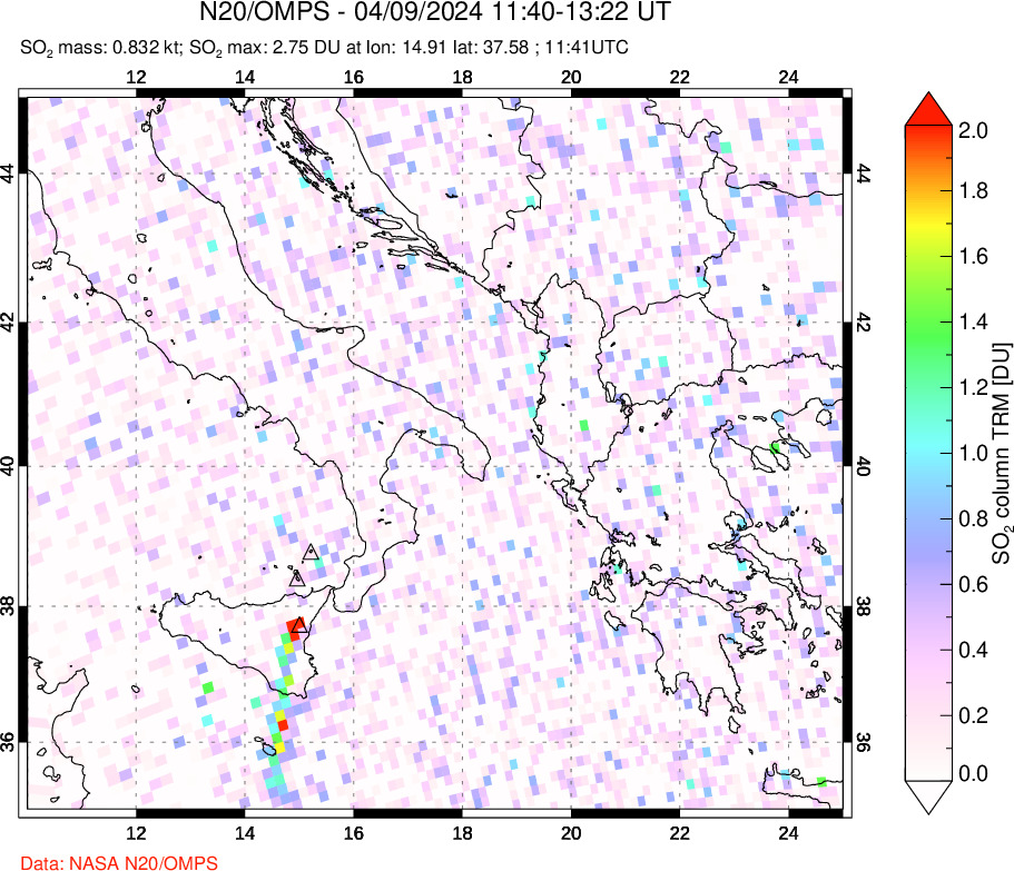 A sulfur dioxide image over Etna, Sicily, Italy on Apr 09, 2024.