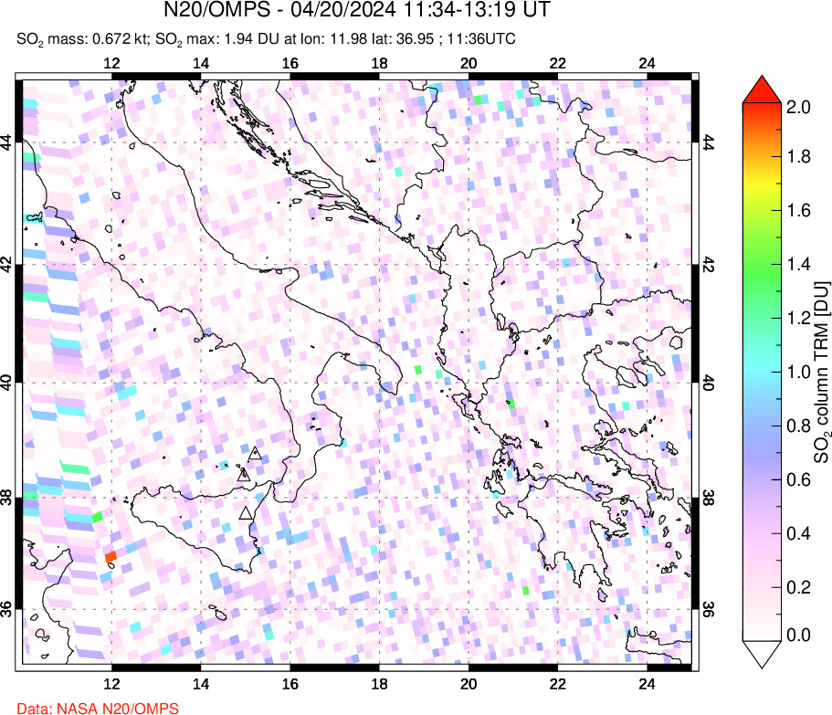 A sulfur dioxide image over Etna, Sicily, Italy on Apr 20, 2024.