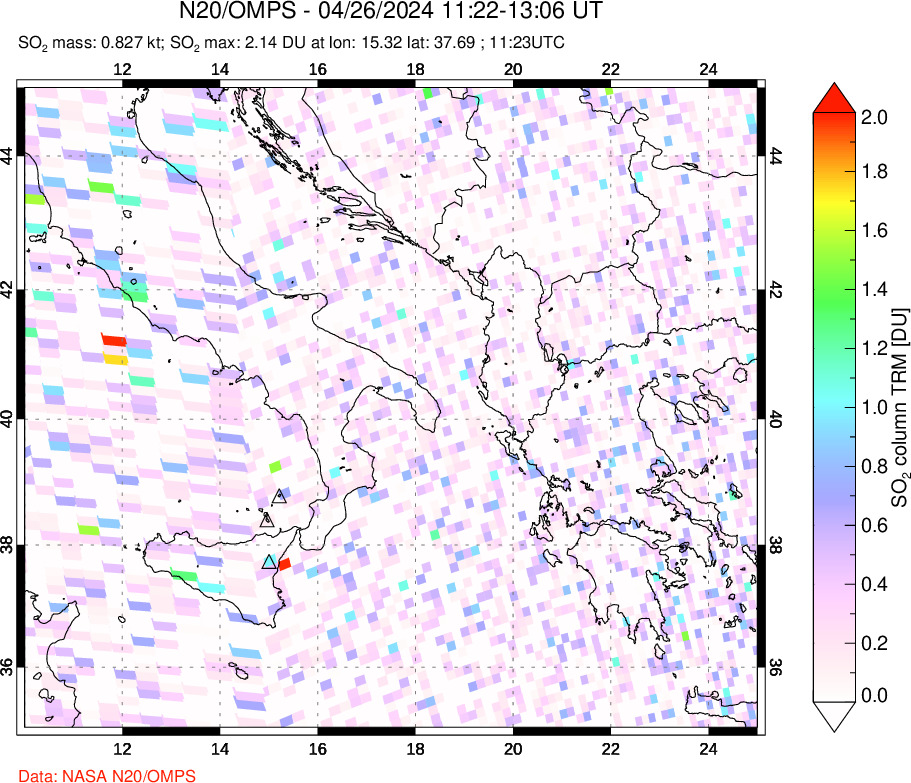 A sulfur dioxide image over Etna, Sicily, Italy on Apr 26, 2024.