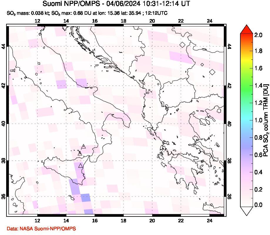 A sulfur dioxide image over Etna, Sicily, Italy on Apr 06, 2024.