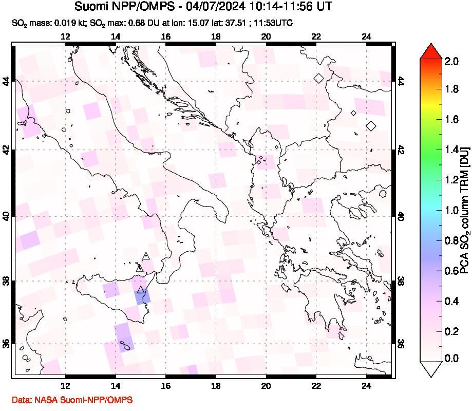 A sulfur dioxide image over Etna, Sicily, Italy on Apr 07, 2024.