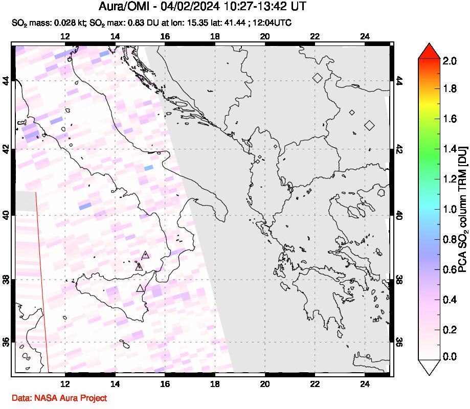 A sulfur dioxide image over Etna, Sicily, Italy on Apr 02, 2024.