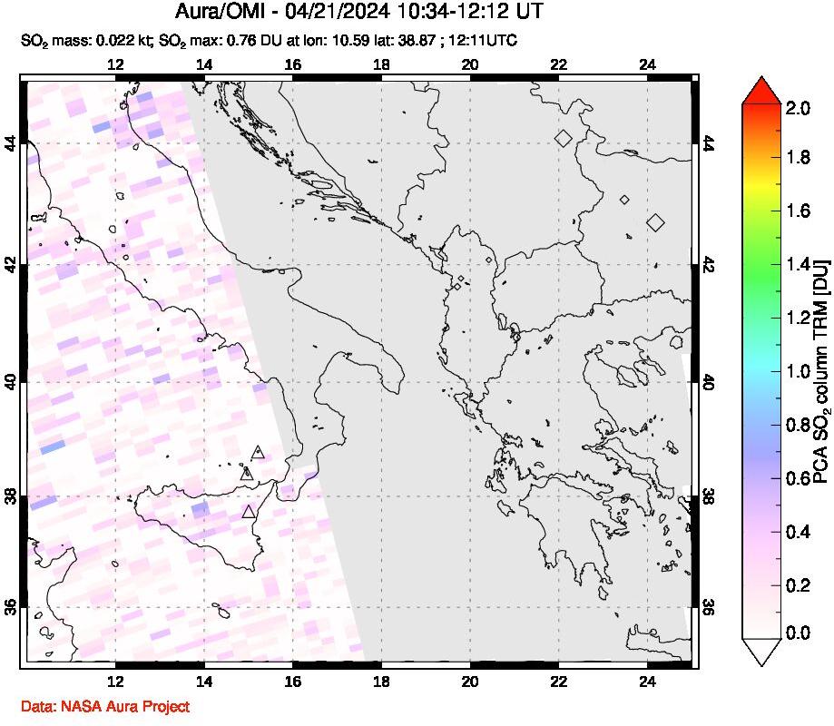 A sulfur dioxide image over Etna, Sicily, Italy on Apr 21, 2024.