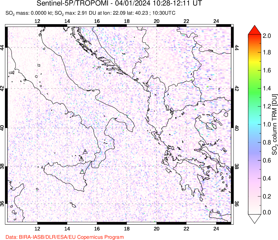 A sulfur dioxide image over Etna, Sicily, Italy on Apr 01, 2024.