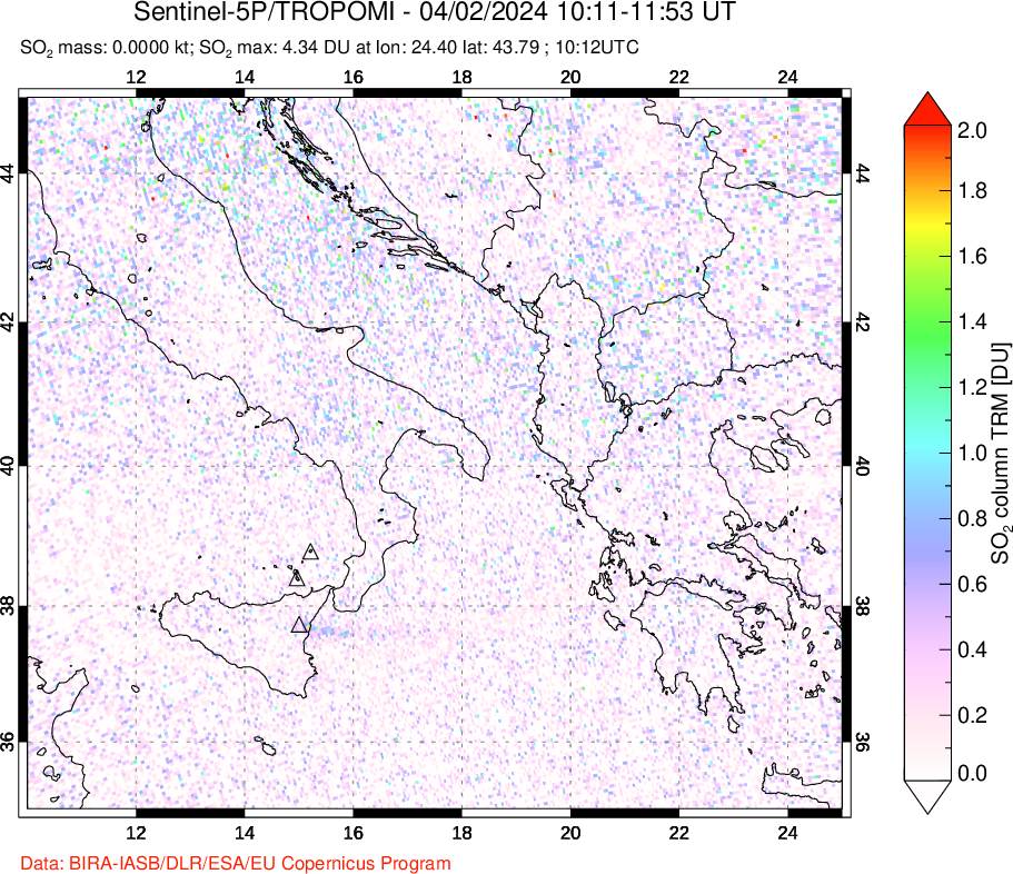 A sulfur dioxide image over Etna, Sicily, Italy on Apr 02, 2024.