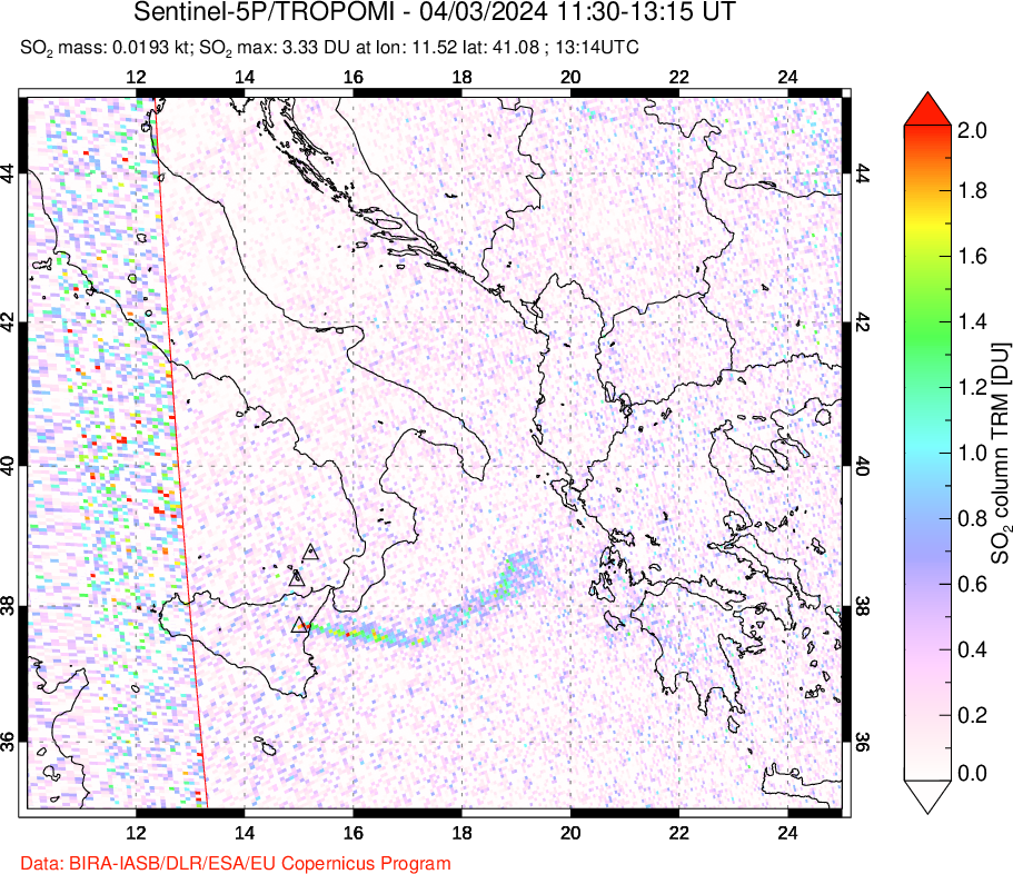 A sulfur dioxide image over Etna, Sicily, Italy on Apr 03, 2024.