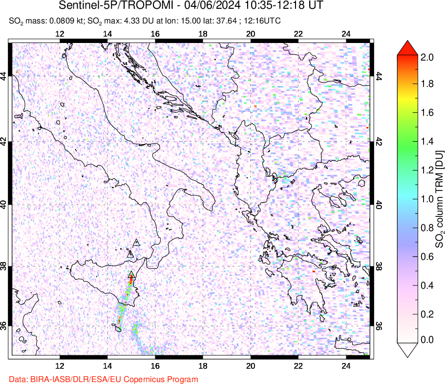 A sulfur dioxide image over Etna, Sicily, Italy on Apr 06, 2024.