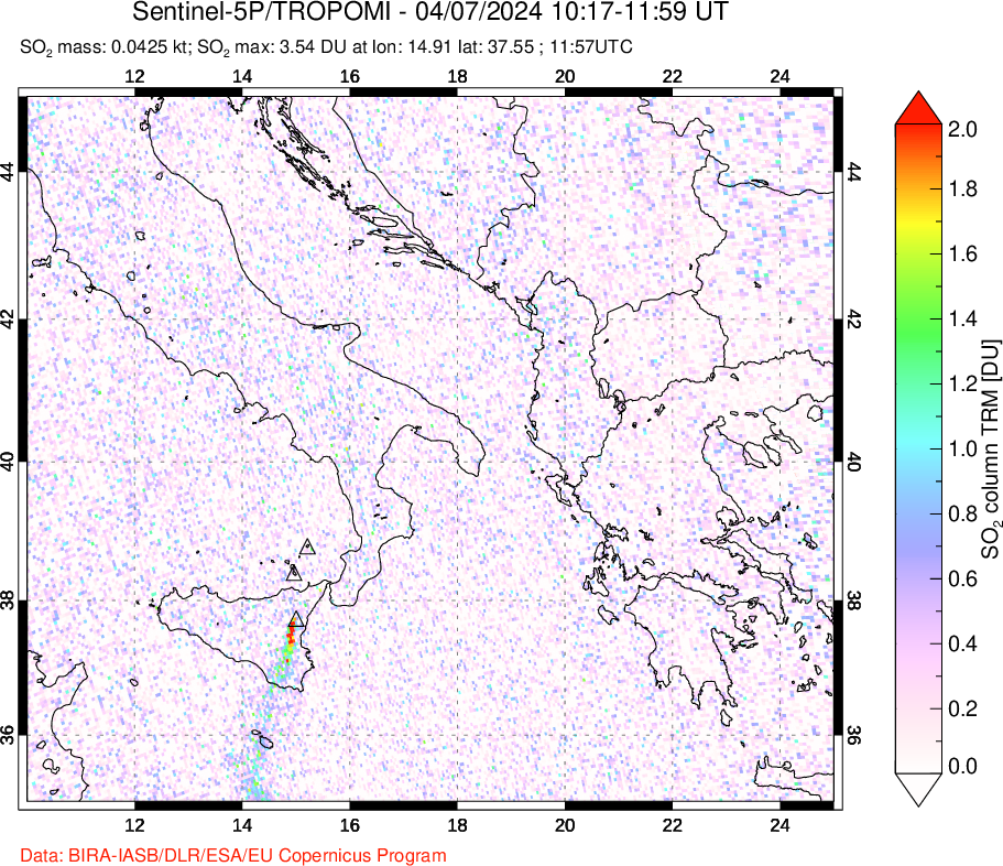 A sulfur dioxide image over Etna, Sicily, Italy on Apr 07, 2024.