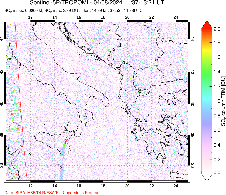 A sulfur dioxide image over Etna, Sicily, Italy on Apr 08, 2024.