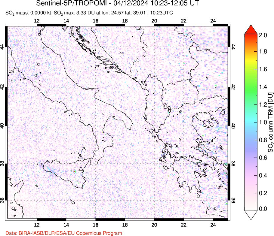 A sulfur dioxide image over Etna, Sicily, Italy on Apr 12, 2024.