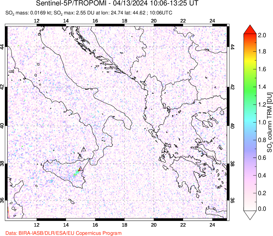 A sulfur dioxide image over Etna, Sicily, Italy on Apr 13, 2024.