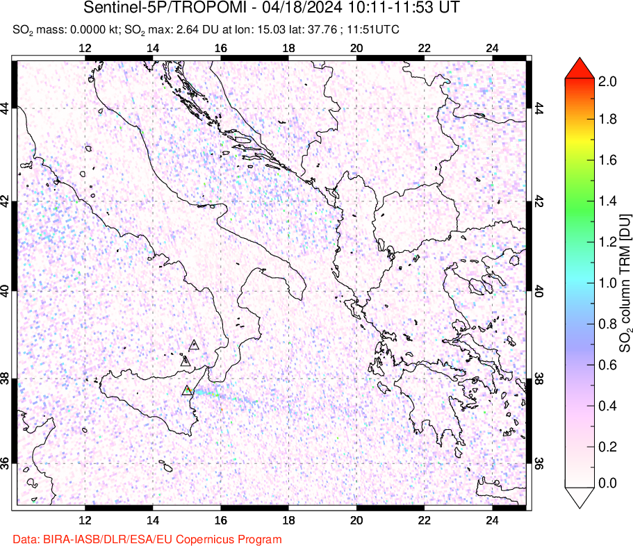 A sulfur dioxide image over Etna, Sicily, Italy on Apr 18, 2024.