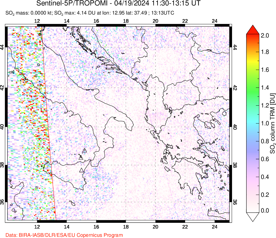 A sulfur dioxide image over Etna, Sicily, Italy on Apr 19, 2024.