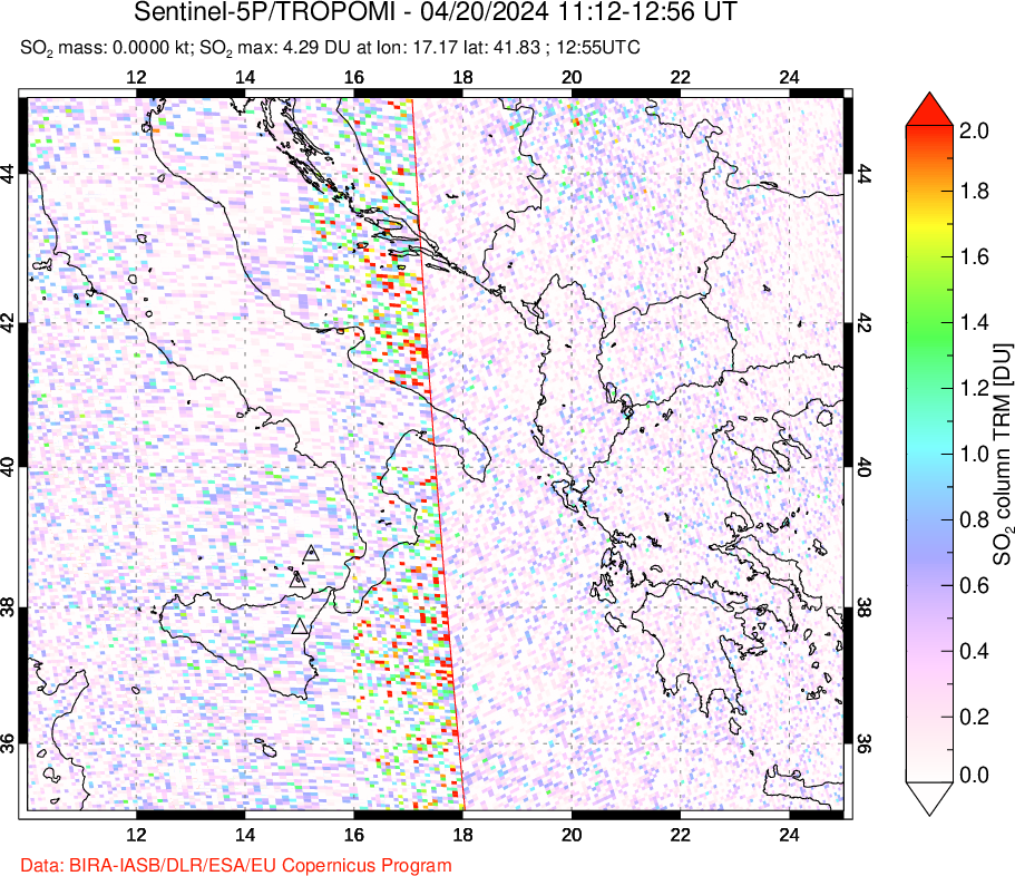 A sulfur dioxide image over Etna, Sicily, Italy on Apr 20, 2024.