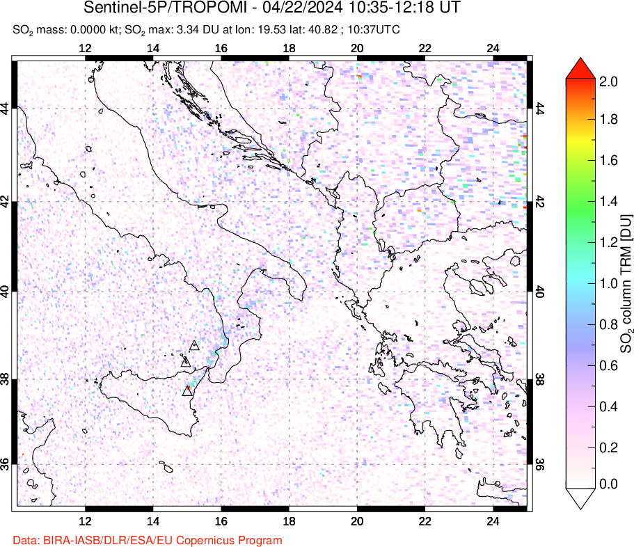 A sulfur dioxide image over Etna, Sicily, Italy on Apr 22, 2024.