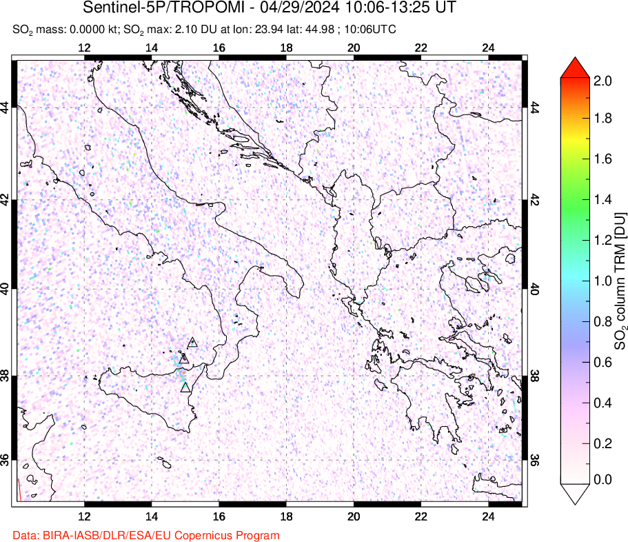 A sulfur dioxide image over Etna, Sicily, Italy on Apr 29, 2024.