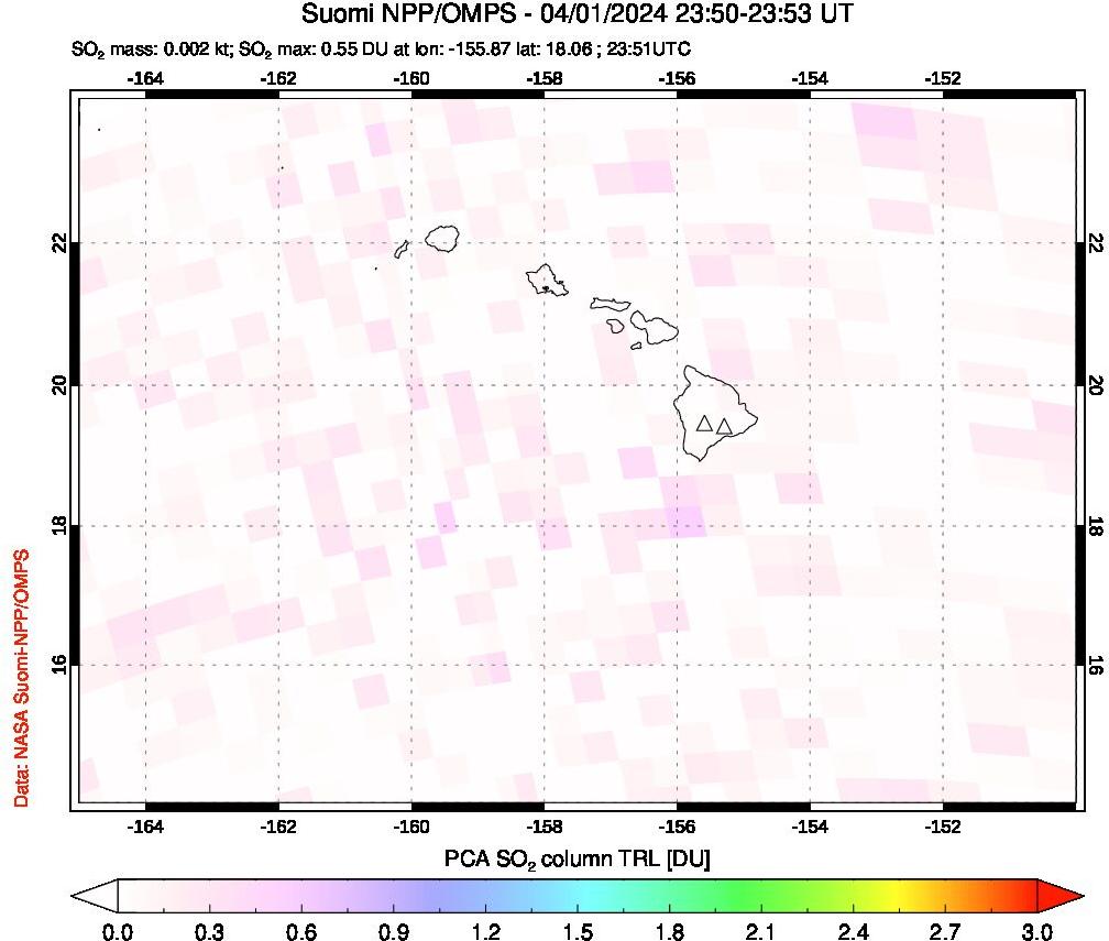 A sulfur dioxide image over Hawaii, USA on Apr 01, 2024.