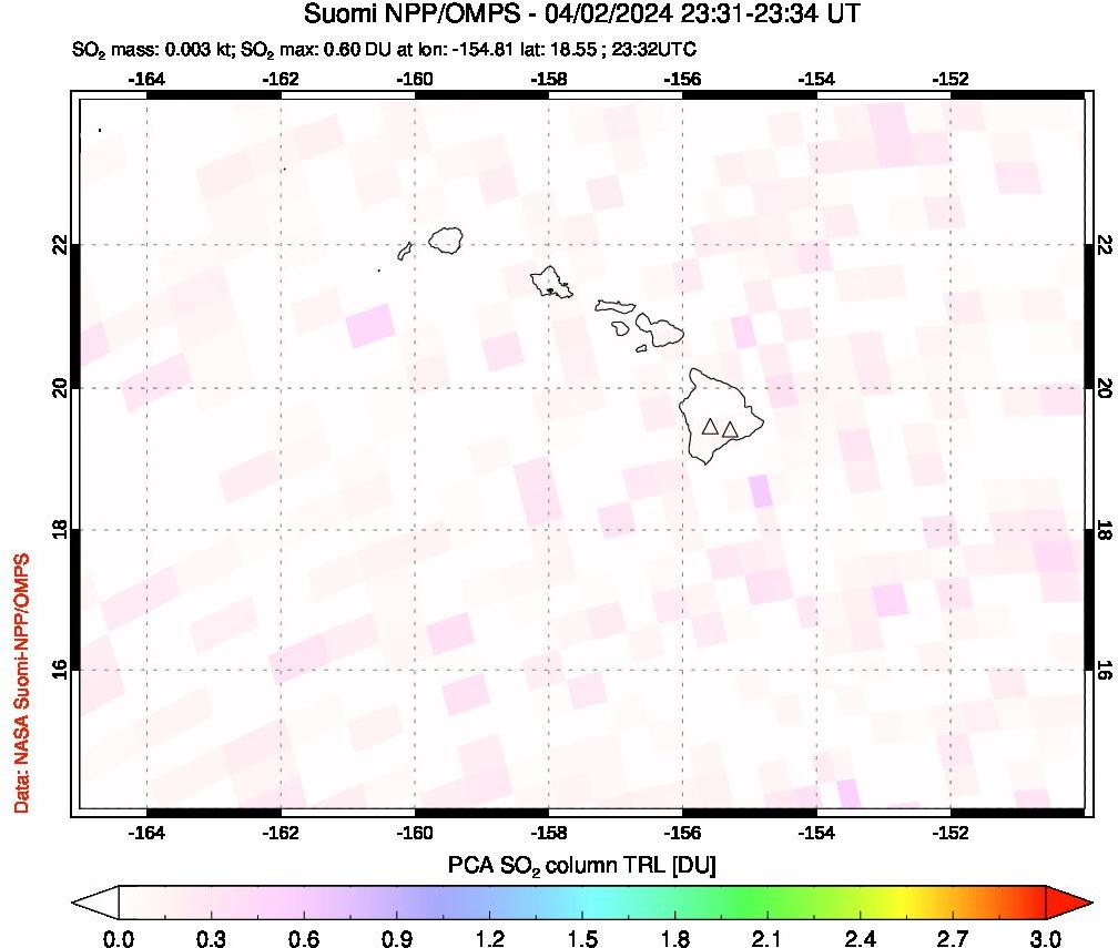 A sulfur dioxide image over Hawaii, USA on Apr 02, 2024.