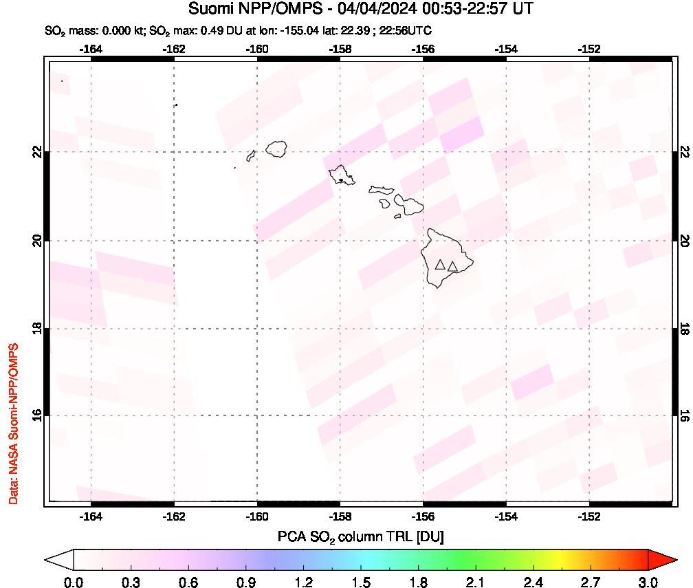 A sulfur dioxide image over Hawaii, USA on Apr 04, 2024.