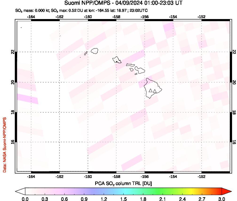 A sulfur dioxide image over Hawaii, USA on Apr 09, 2024.