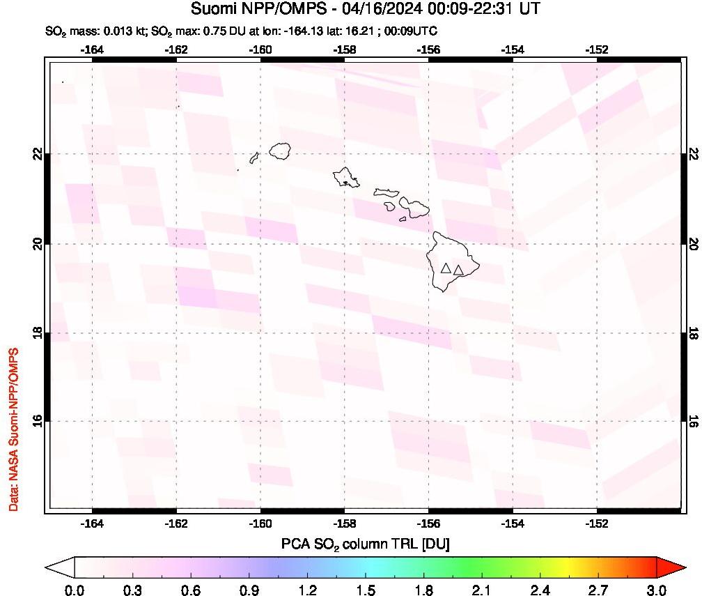 A sulfur dioxide image over Hawaii, USA on Apr 16, 2024.