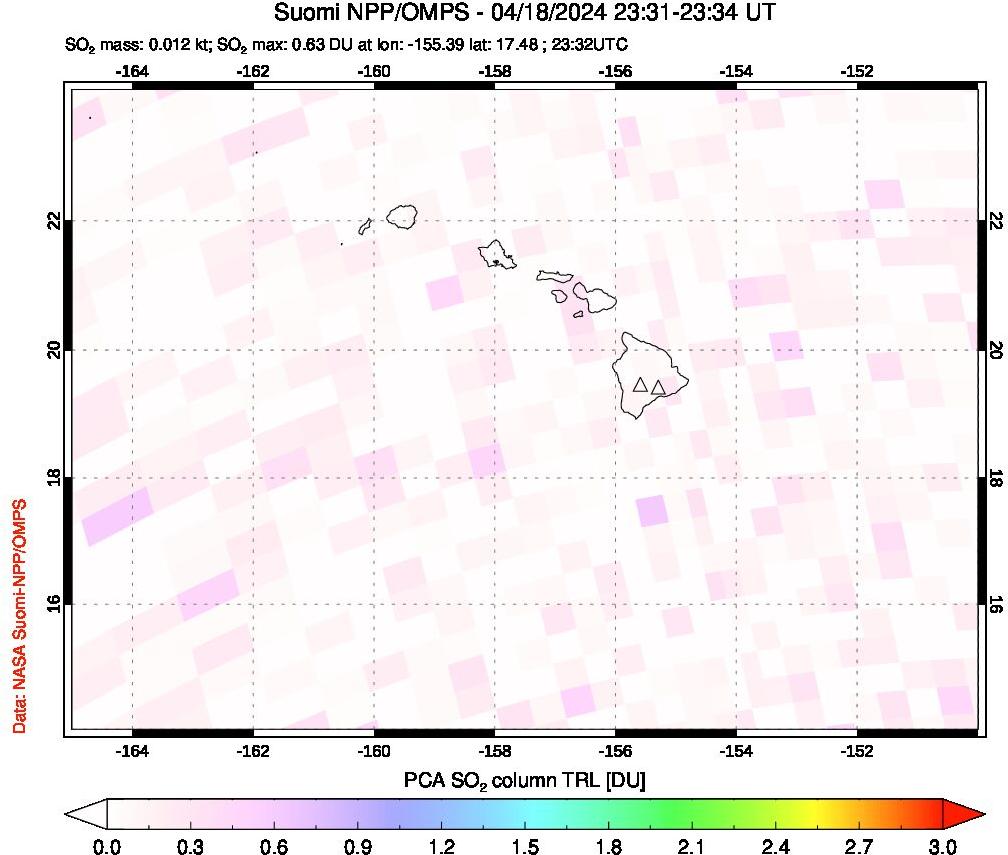 A sulfur dioxide image over Hawaii, USA on Apr 18, 2024.