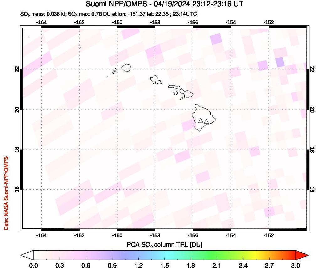 A sulfur dioxide image over Hawaii, USA on Apr 19, 2024.