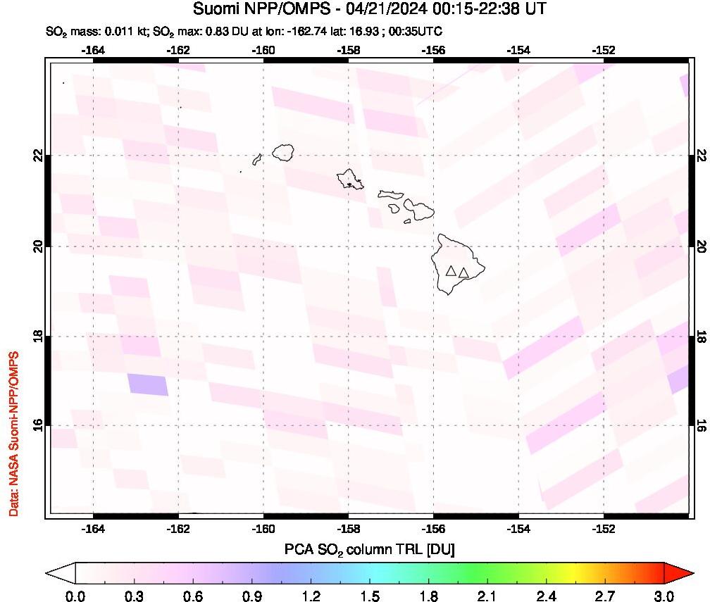 A sulfur dioxide image over Hawaii, USA on Apr 21, 2024.