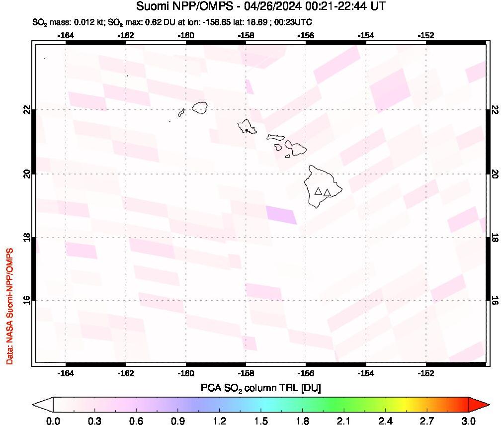 A sulfur dioxide image over Hawaii, USA on Apr 26, 2024.