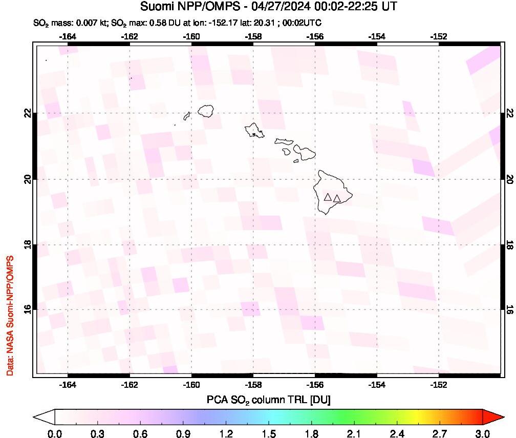 A sulfur dioxide image over Hawaii, USA on Apr 27, 2024.