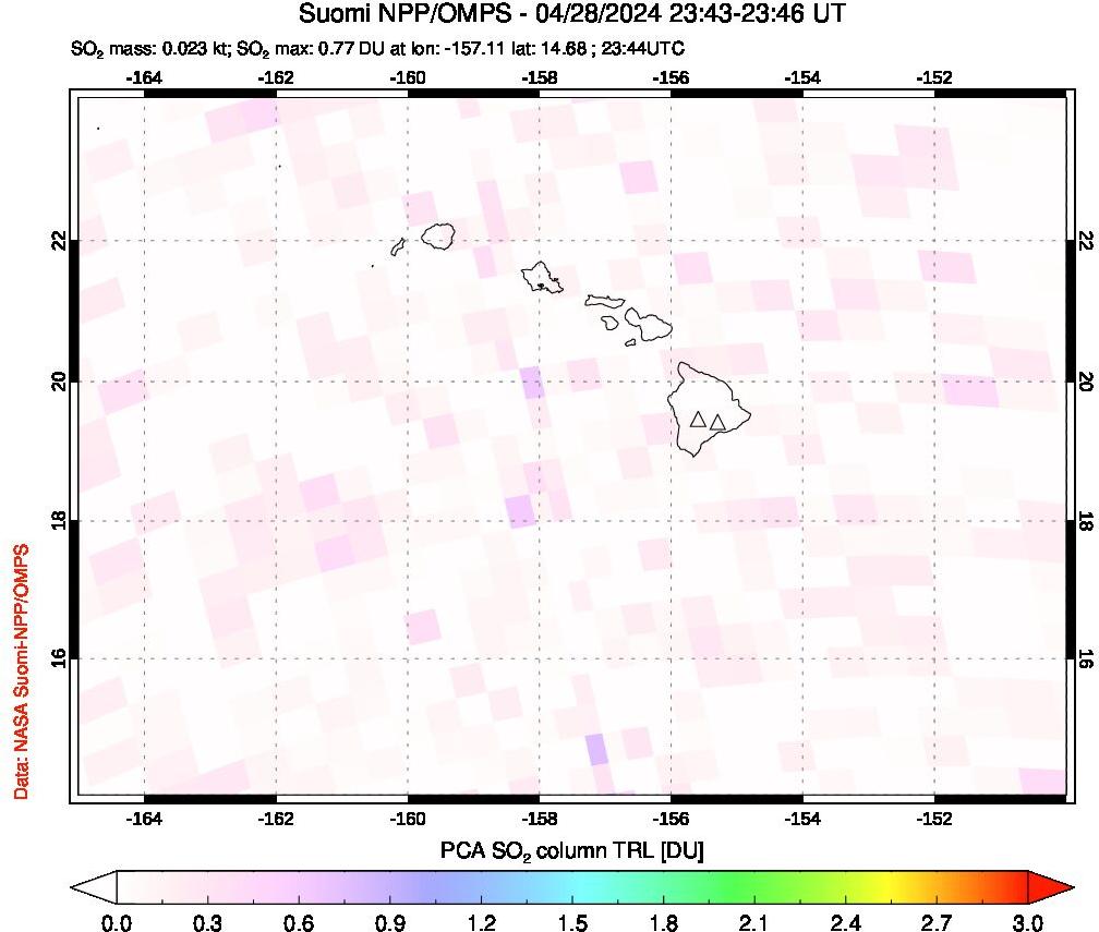 A sulfur dioxide image over Hawaii, USA on Apr 28, 2024.