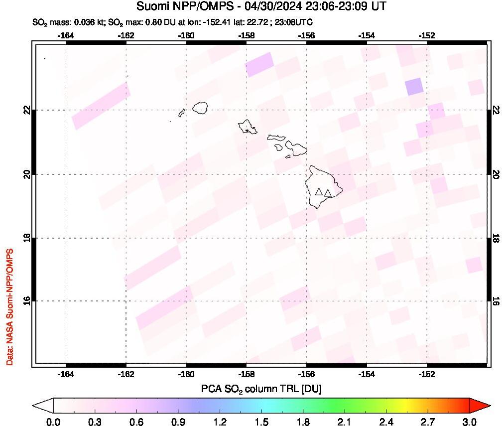 A sulfur dioxide image over Hawaii, USA on Apr 30, 2024.