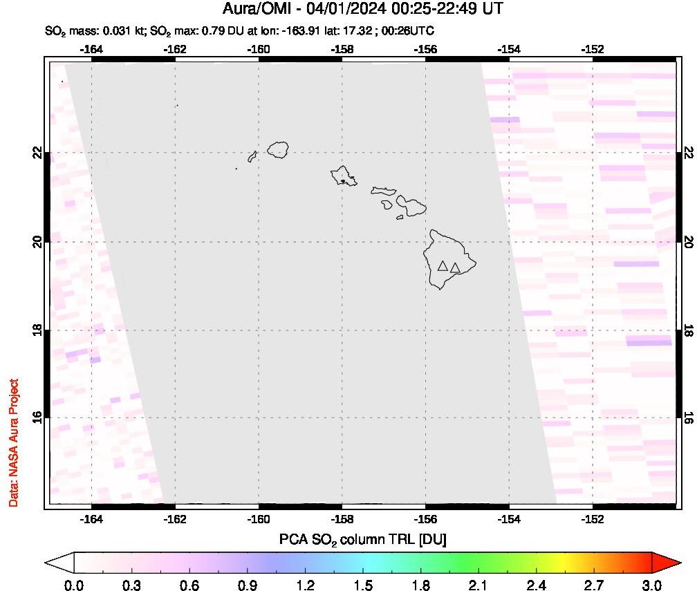 A sulfur dioxide image over Hawaii, USA on Apr 01, 2024.