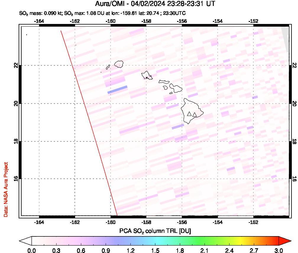 A sulfur dioxide image over Hawaii, USA on Apr 02, 2024.