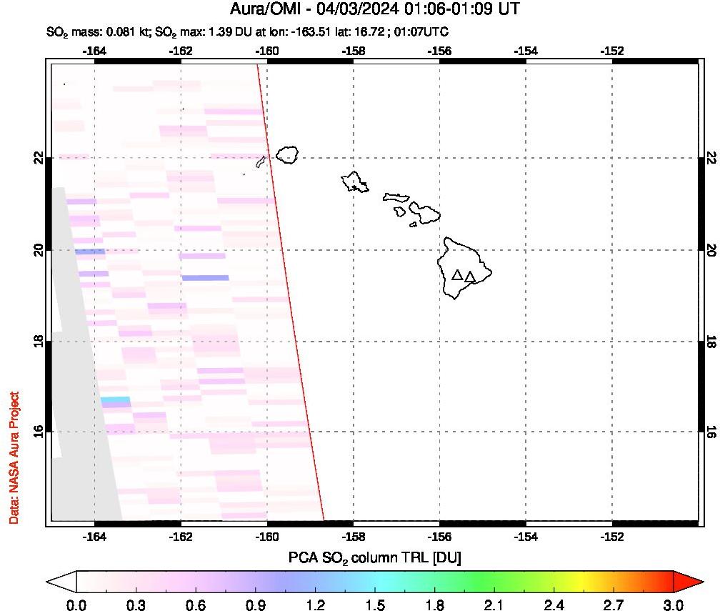 A sulfur dioxide image over Hawaii, USA on Apr 03, 2024.