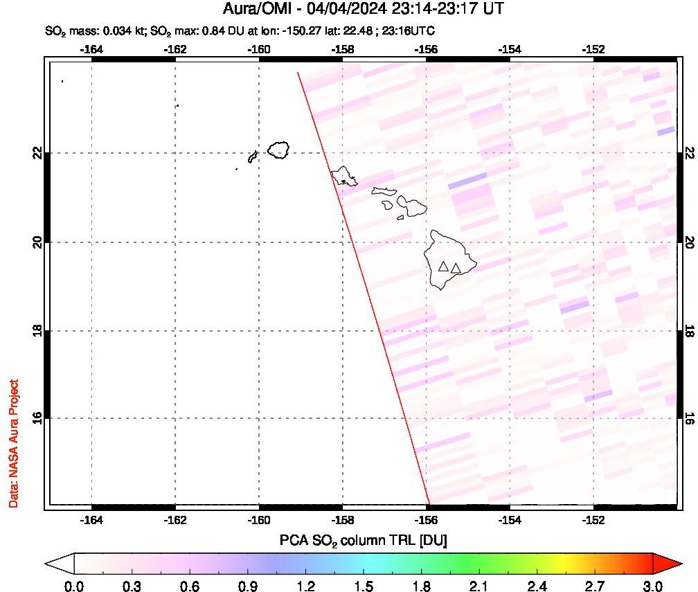 A sulfur dioxide image over Hawaii, USA on Apr 04, 2024.