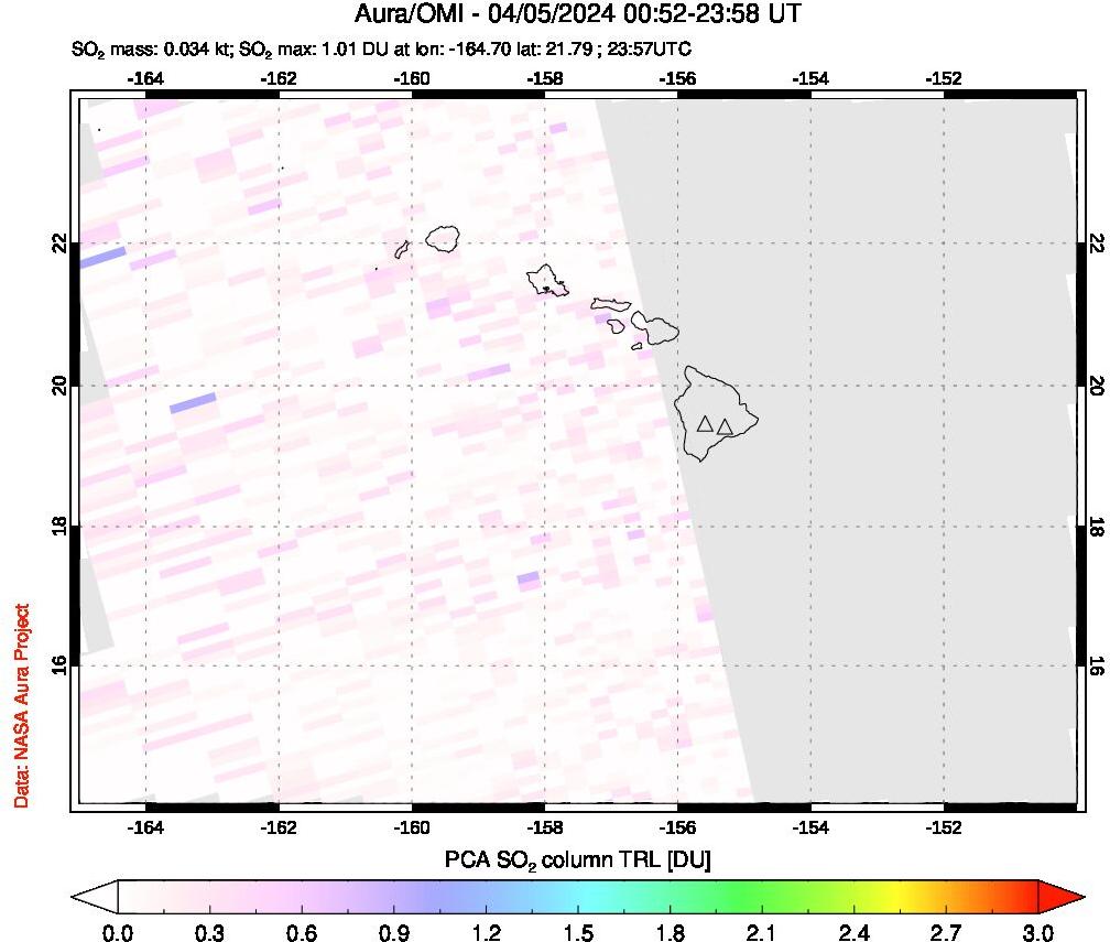 A sulfur dioxide image over Hawaii, USA on Apr 05, 2024.