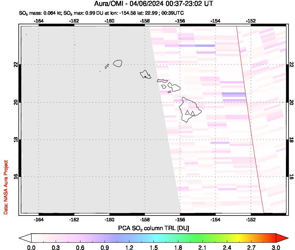 A sulfur dioxide image over Hawaii, USA on Apr 06, 2024.