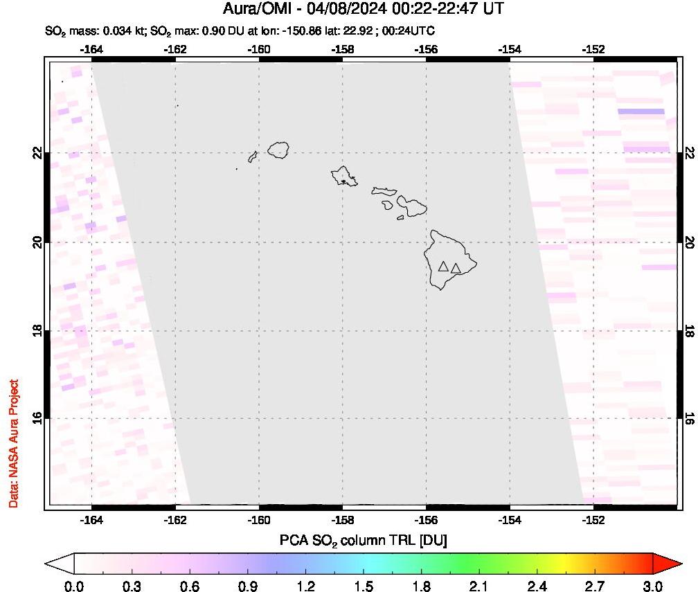 A sulfur dioxide image over Hawaii, USA on Apr 08, 2024.