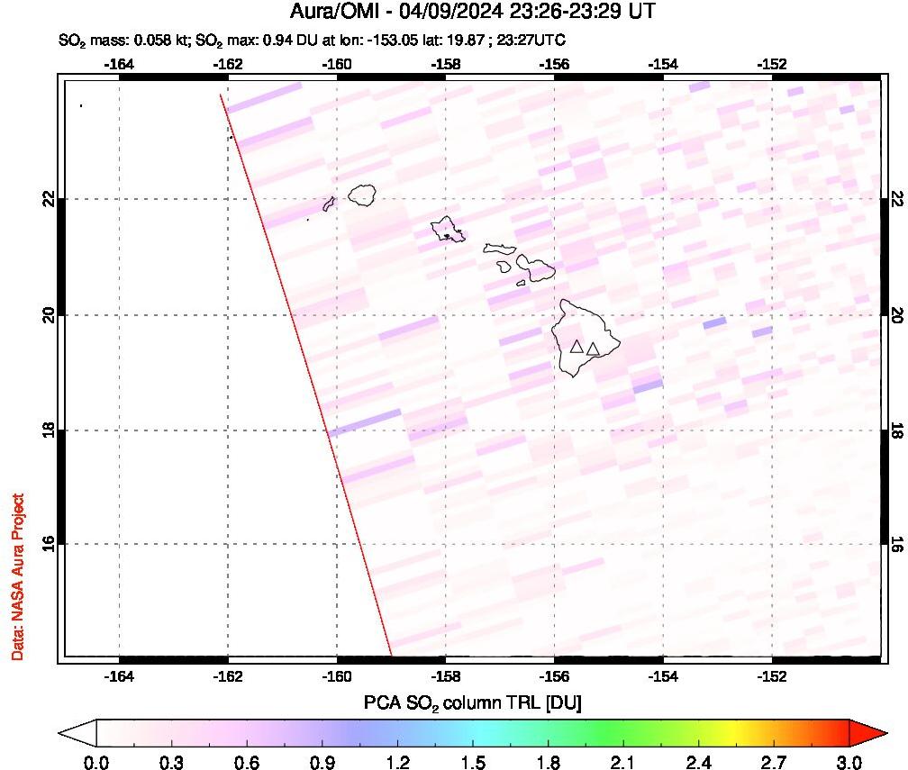 A sulfur dioxide image over Hawaii, USA on Apr 09, 2024.