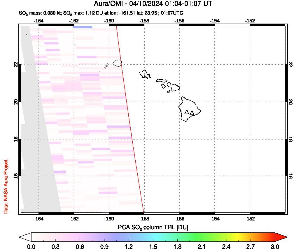 A sulfur dioxide image over Hawaii, USA on Apr 10, 2024.