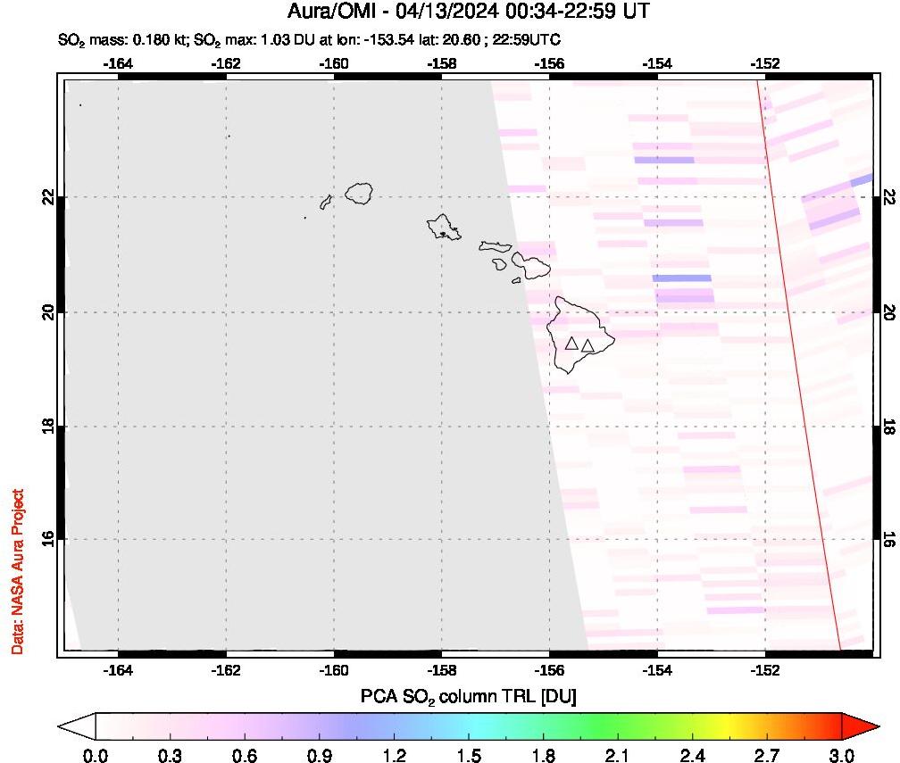 A sulfur dioxide image over Hawaii, USA on Apr 13, 2024.