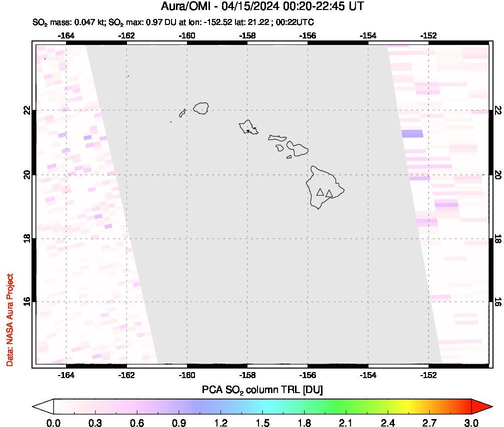 A sulfur dioxide image over Hawaii, USA on Apr 15, 2024.