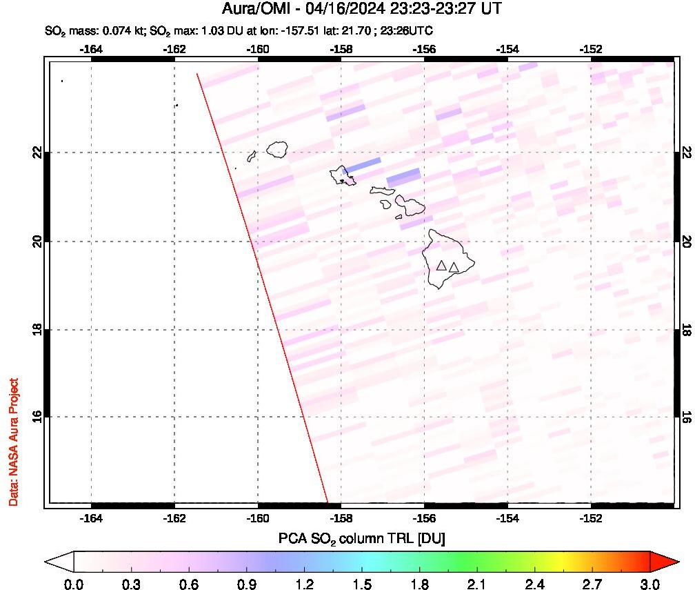 A sulfur dioxide image over Hawaii, USA on Apr 16, 2024.