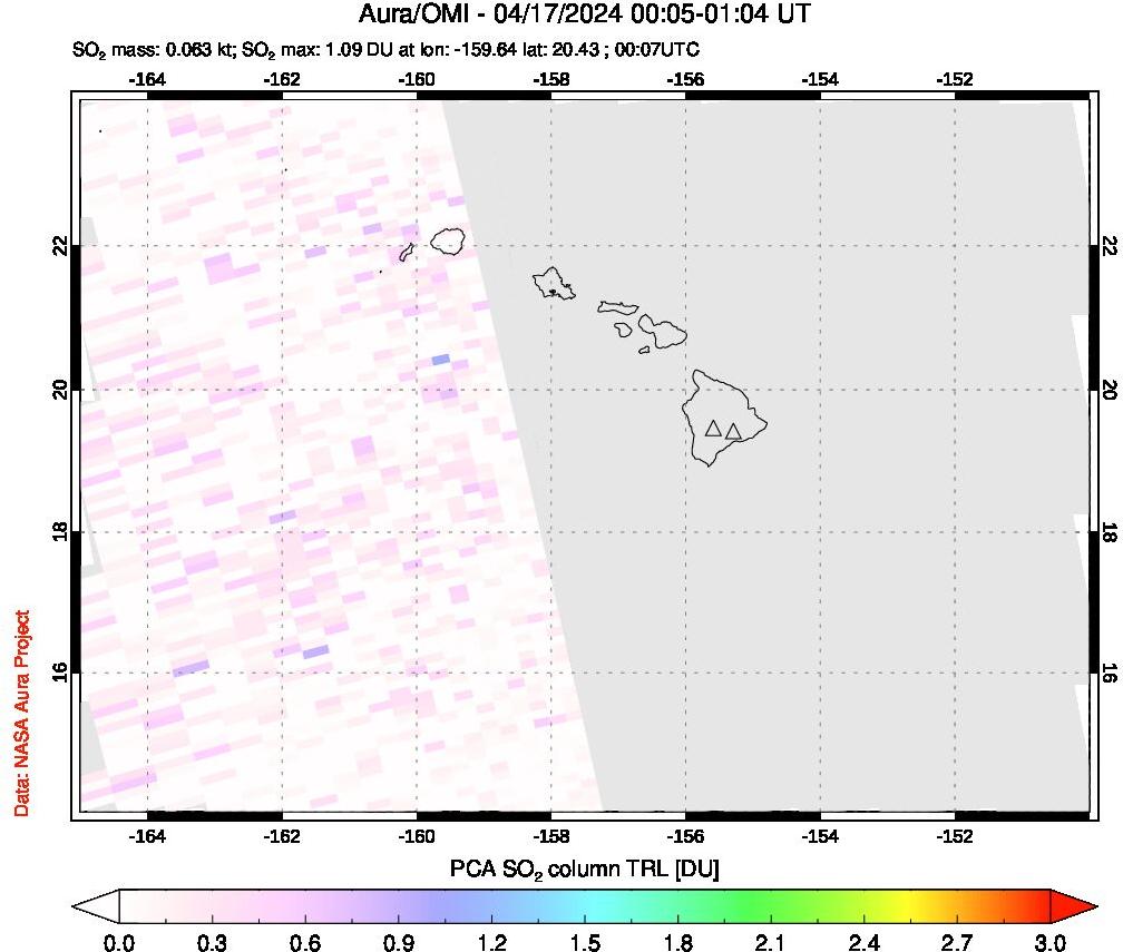 A sulfur dioxide image over Hawaii, USA on Apr 17, 2024.