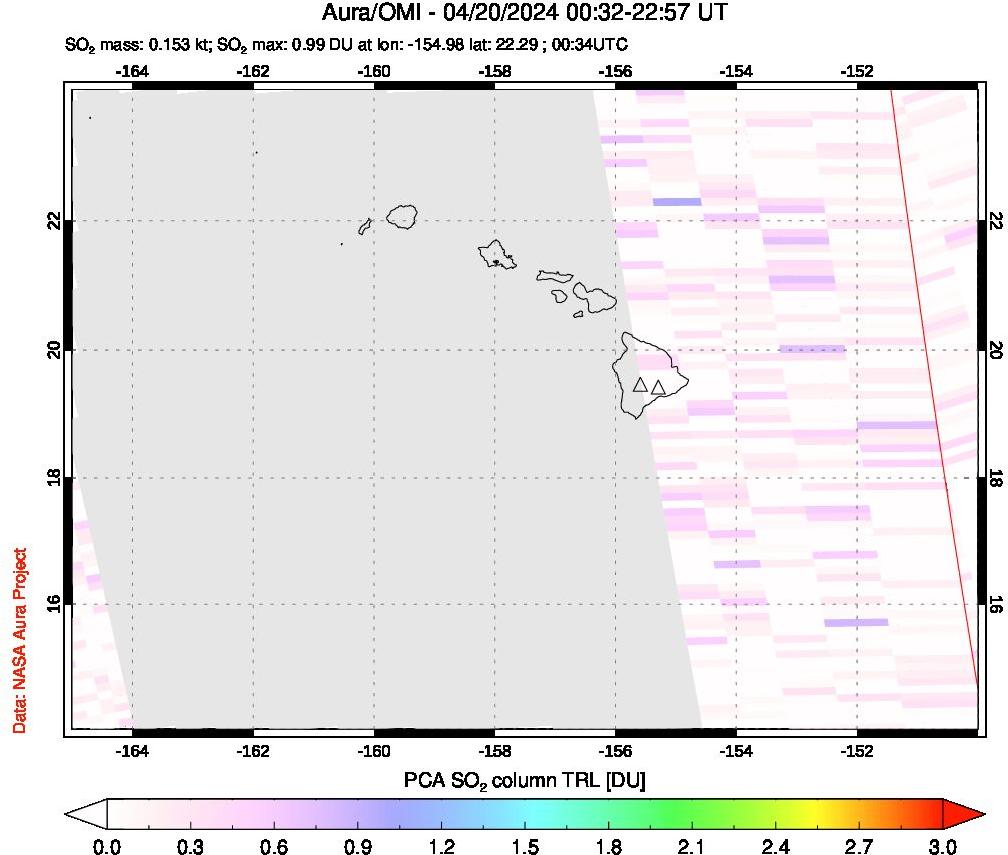 A sulfur dioxide image over Hawaii, USA on Apr 20, 2024.