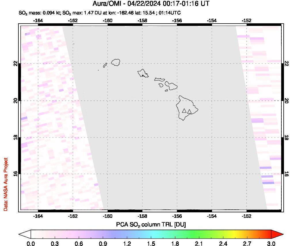 A sulfur dioxide image over Hawaii, USA on Apr 22, 2024.